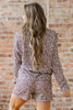 Khaki Leopard Ribbed Long Sleeve Top Drawstring Shorts 2pcs Outfit