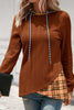 Chestnut Plaid Patchwork Ribbed Knit Drawstring Hooded Top