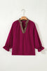 Violet Leopard Trim V Neck Flounced Bracelet Sleeve Blouse