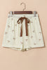 White Bow Print Lace Drawstring Casual Shorts