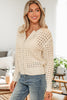 Beige Hollowed Pattern Knit Zip Up Drop Shoulder Sweater Cardigan