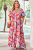 Rose Abstract Printed Puff Sleeve Square Neck Smocked Bust Tied Back Plus Size Dress