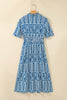 Blue Geometric Print Short Sleeve Drawstring Shirt Collar Dress