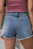 Dusk Blue Pearl Beaded Raw Hem Medium Wash Denim Shorts