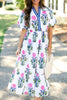 Blue Floral Puff Short Sleeve V Neck High Waist Maxi Dress