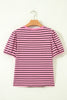 Rose Stripe Striped V-Neck Ribbed Collar Cuff Gathering Puff Sleeve Top