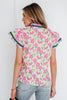 Pink Floral Print Contrast Trim V Neck Double Ruffled Short Sleeve Blouse
