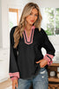 Black Color Block Patchwork Detail V Neck Textured Long Sleeve Blouse