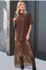 Red Sandalwood Floral Patchwork Short Sleeve T Shirt Loose Maxi Dress