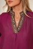 Violet Leopard Trim V Neck Flounced Bracelet Sleeve Blouse