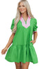 Bright Green Color Block Detail Split Neck Short Puff Sleeve Ruffle Hem Mini Dress
