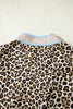 Khaki Plus Size Leopard Print Striped Trim V Neck Drop Waist Long Sleeve Mini Dress