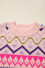 Multicolour Ethnic Christmas Pattern Knit Feather Cuffed Sweater