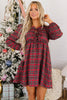 Red Plaid Tie Front Long Sleeve Short Shift Dress