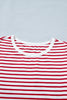 Red Stripe Contrast Trim Round Neck Short Puff Sleeve T Shirt