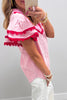 Pink Eyelet Embroidered Flower Texture Contrast Lace Trim Flutter Sleeve Blouse