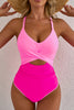 Rose Red Ric Rac Trim Contrasted Patchwork Cutout One Piece Swimsuit