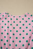 Pink V Neck Polka Dot Print Drawstring Tiered Babydoll Blouse