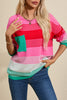 Rose Striped Knit Patch Pocket Drop Shoulder Sweater