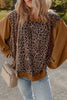 Brown Leopard Floral Print Ribbed Puff Sleeve Patchwork Loose Pullover