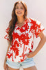 Red Plant Print Tiered Ruffled Sleeve V Neck Blouse