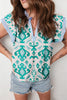 Sky Blue Ethnic Print Striped Trim Flutter Sleeve Top