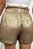 Gold Metallic Luster Tie Elastic Waist Cuffed Hem Shorts
