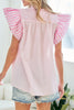 Pink Stripe Contrast Trim V Neck Flutter Sleeve Blouse