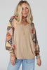 Parchment Contrast Printed Raglan Sleeves Patchwork V Neck Loose Top