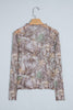 Smoke Gray Floral Print Slim Fit Mesh Long Sleeve Mock Neck Top
