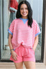 Pink Stripe Contrast Trim Loose Short Sleeve Top
