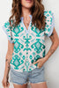Sky Blue Ethnic Print Striped Trim Flutter Sleeve Top