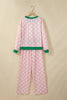 Pink Polka Dot Contrast Trim Long Sleeve Top Drawstring Shift Pants Set