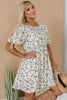 Beige Floral Puff Short Sleeve Empire Waist Mini Dress