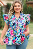 Blue Floral Flutter Sleeve Tied Notched Neck Plus Size Blouse