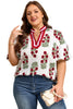 White Plus Size Floral Print Ricrac Striped Trim Short Sleeve Cotton Blouse