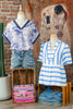 Blue Wild Animal Paradise Striped Trim V Neck Short Sleeve Blouse
