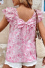 Pink Floral Ruffled Short Sleeve Bow Back Square Neck Blouse