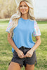 Pink Round Neck Textured Contrast Floral Bubble Sleeve Blouse