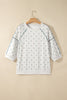 Gray Polka Dot Print Piping Trim 3/4 Sleeve Relaxed Top