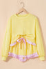 Yellow Cream Plaid Ruffled Patchwork Drop Shoulder Pullover and Drawstring Elastic Waist Shorts Matching Set