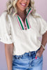 White Contrast Striped Collar Patchwork Textured Half Sleeve Blouse