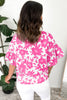 Pink Floral Printed Ruffled Short Sleeve Round Neck Loose Blouse