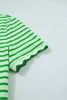 Green Stripe Scalloped Trim Round Neck T Shirt
