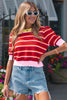 Red Stripe Colorblock Trim Half Sleeve Sweater Top