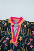 Black Floral Print Contrast Trim Tiered Ruffled Short Sleeve Blouse