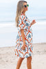 Orange Contrast Palm Tree Printed Short Sleeve Flowy Dress