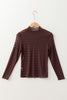 Coffee Sheer Mesh Patterned Lettuce Trim Slim Long Sleeve Top
