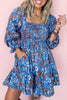 Blue Smocked Bodice High Waist Ruffled Sleeve Floral Dress