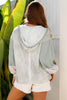 Green Floral Patched Waffle Textured Colorblock V Neck Casual Hooded Top
